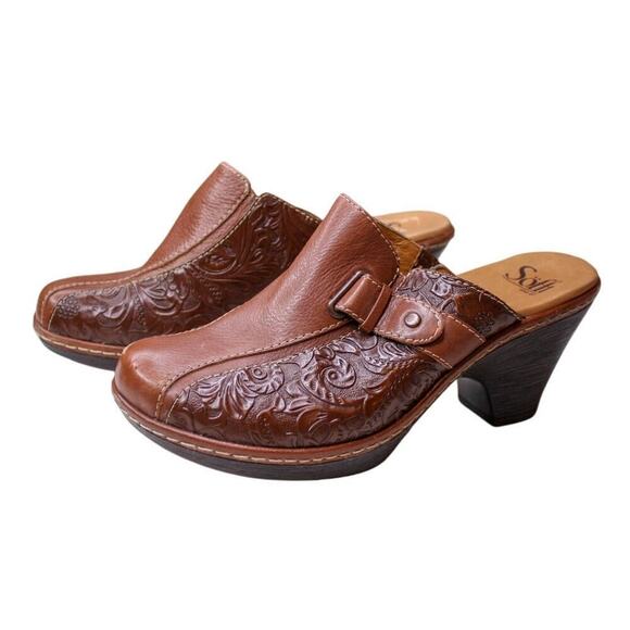 Sofft High Heel Clogs Embossed Leather Slip On Boho Western Y2K 7M - Picture 1 of 6